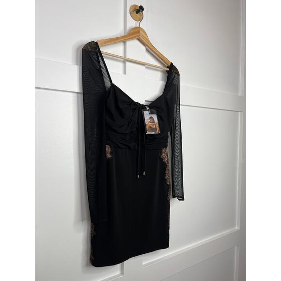 NWT Self-Portrait Long Sleeve Lace Trimmed Cutout Tie Neck Black Mini Dress - Picture 3 of 7